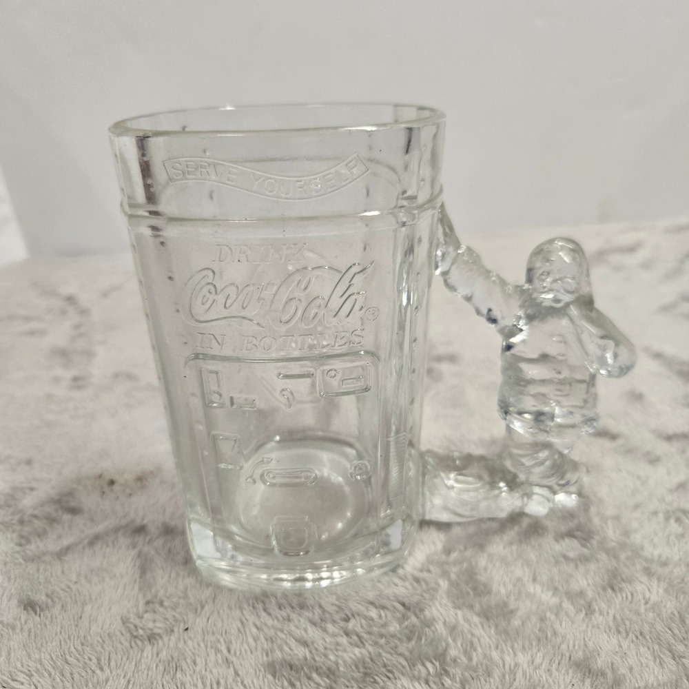 Vintage Coca-Cola Glass Vending Machine Mug Santa Handle Clear 5 Inch